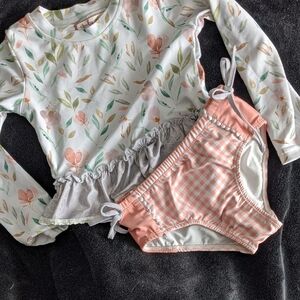 Cheely Plum Floral and Gingham Rashguard Set - Peach and White 4T